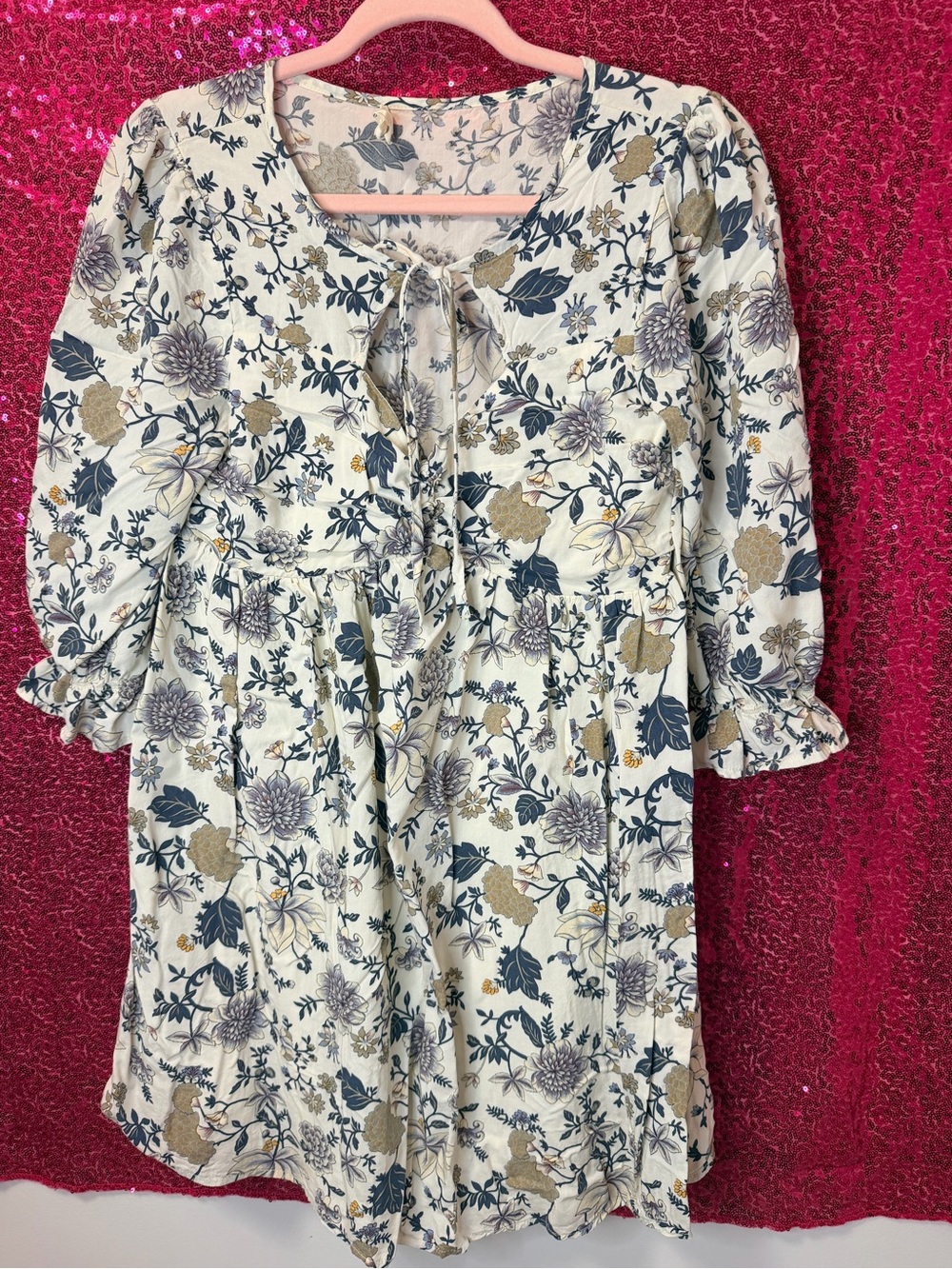 entro Cream Floral Tie-Front Dress with Blue & Gold Accents